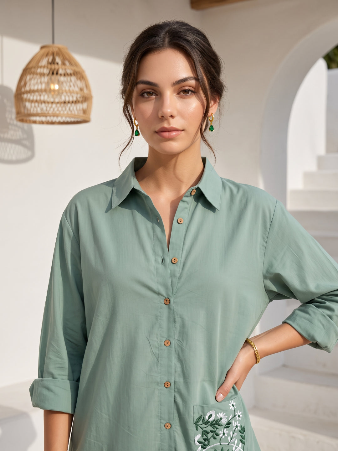 Green Shirt Collar Embroidered Pure Cotton Co-Ord Set For Women