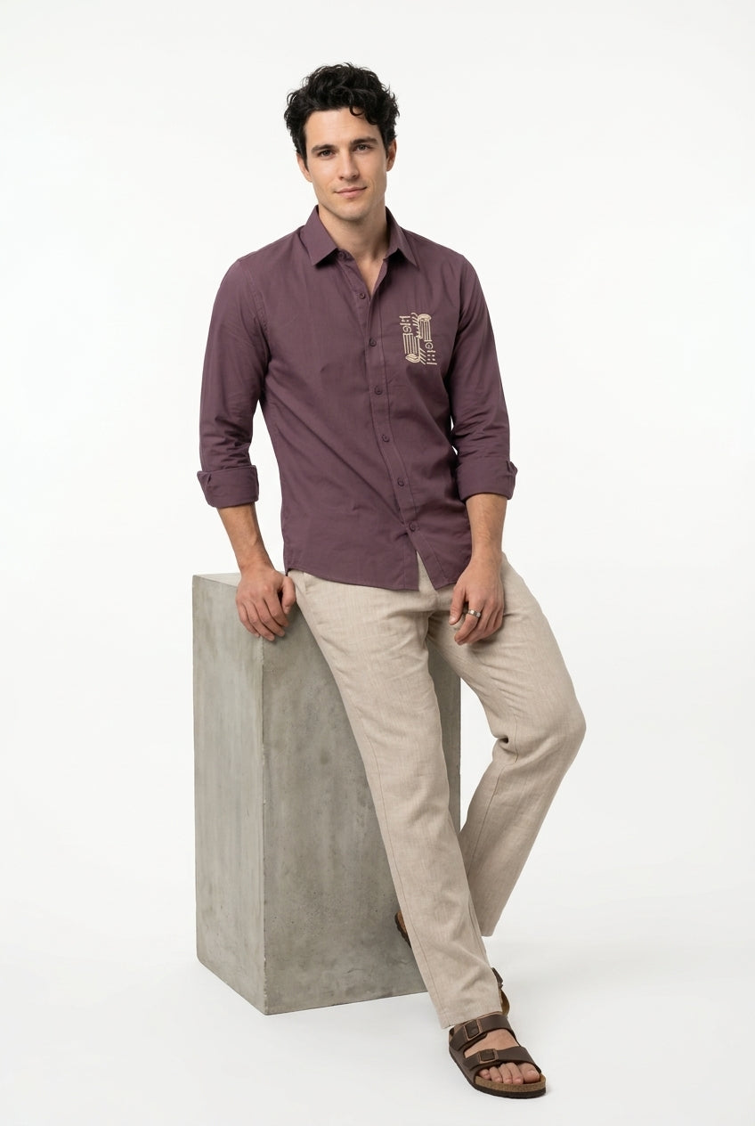 Mauve Embroidered Band Collar Cotton Casual Shirt For Men