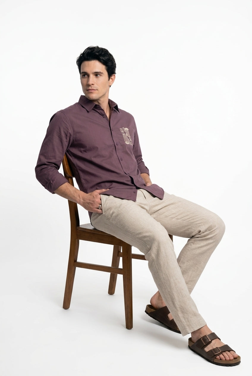 Mauve Embroidered Band Collar Cotton Casual Shirt For Men