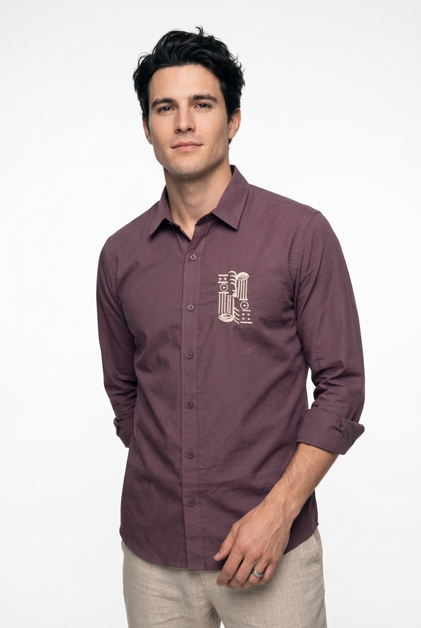 Mauve Embroidered Band Collar Cotton Casual Shirt For Men