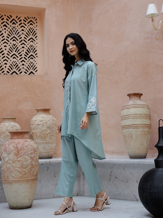 Blue Solid Print Cotton Co-ord Set for Women