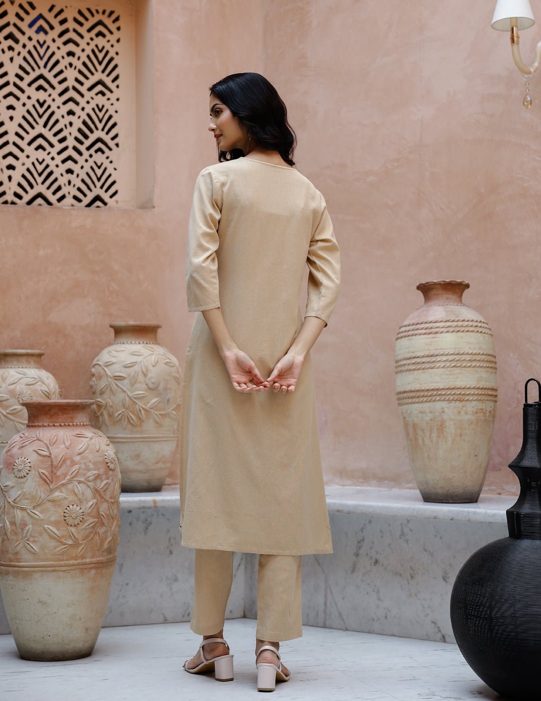 Beige Solid Print Cotton Kurta Set