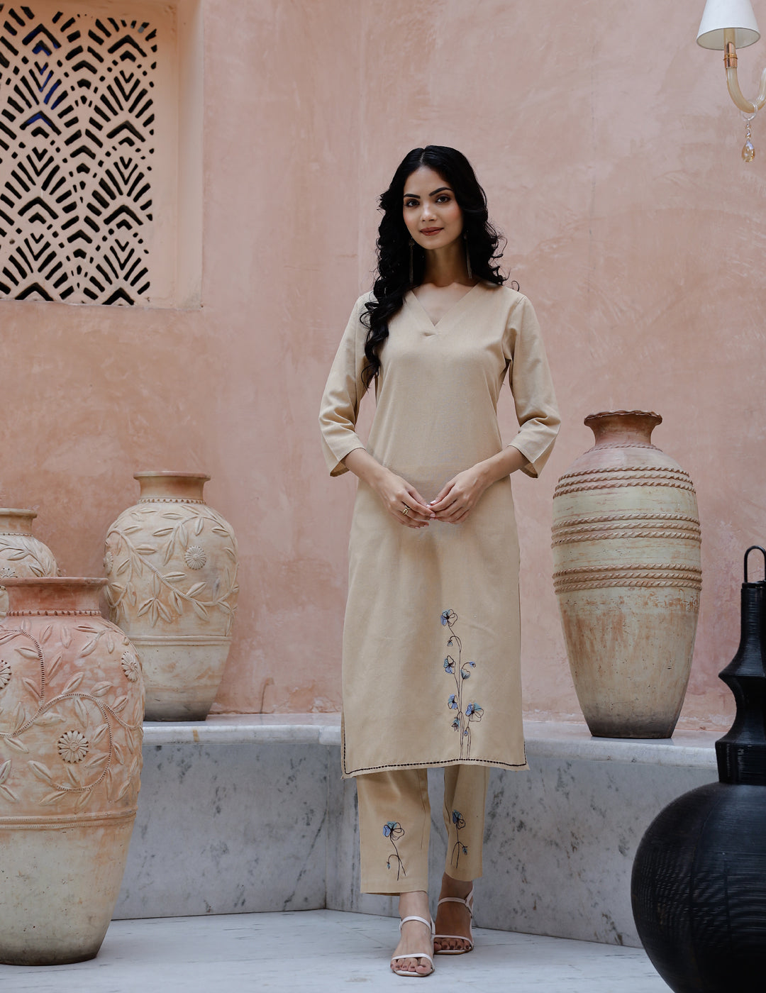 Beige Solid Print Cotton Kurta Set