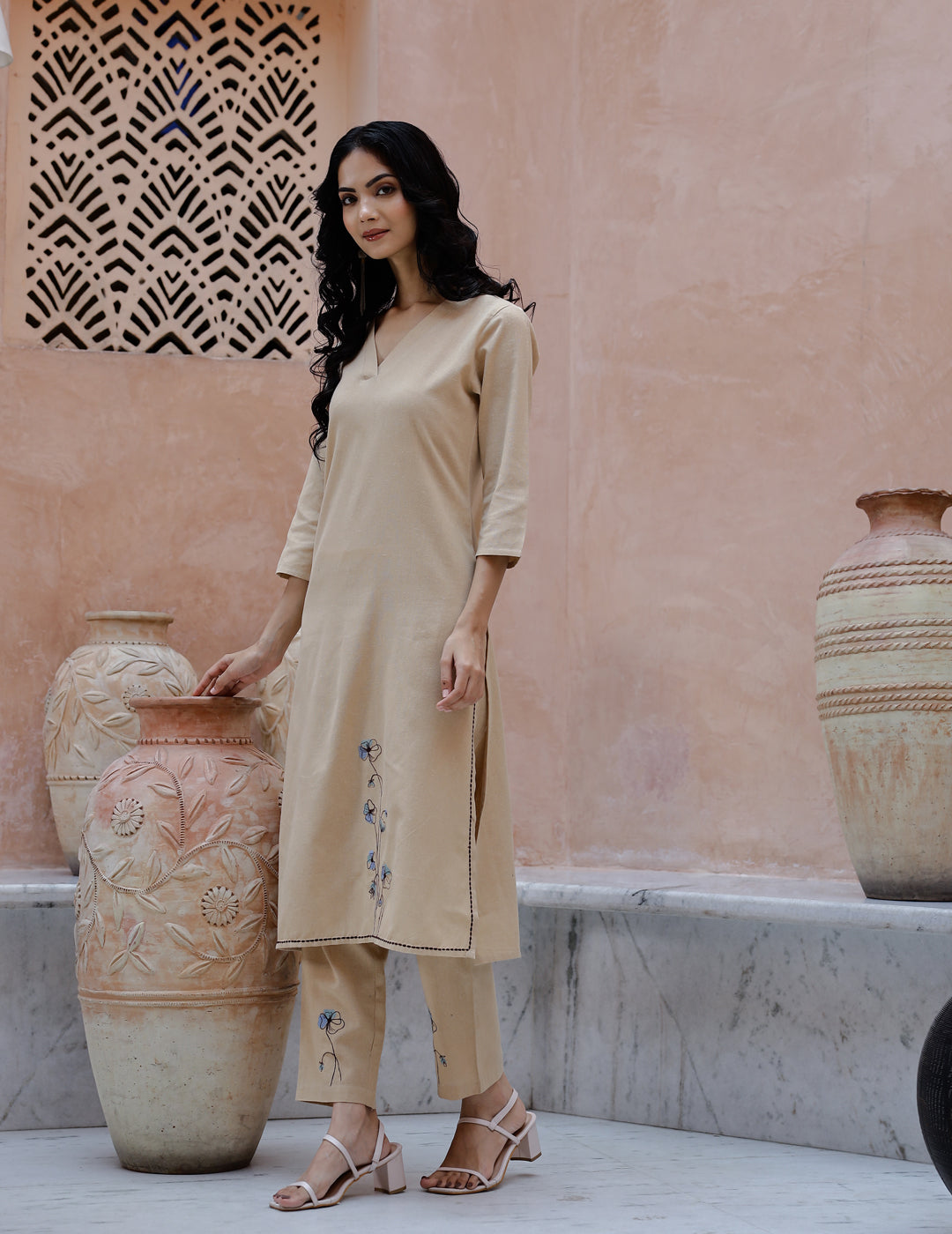 Beige Solid Print Cotton Kurta Set