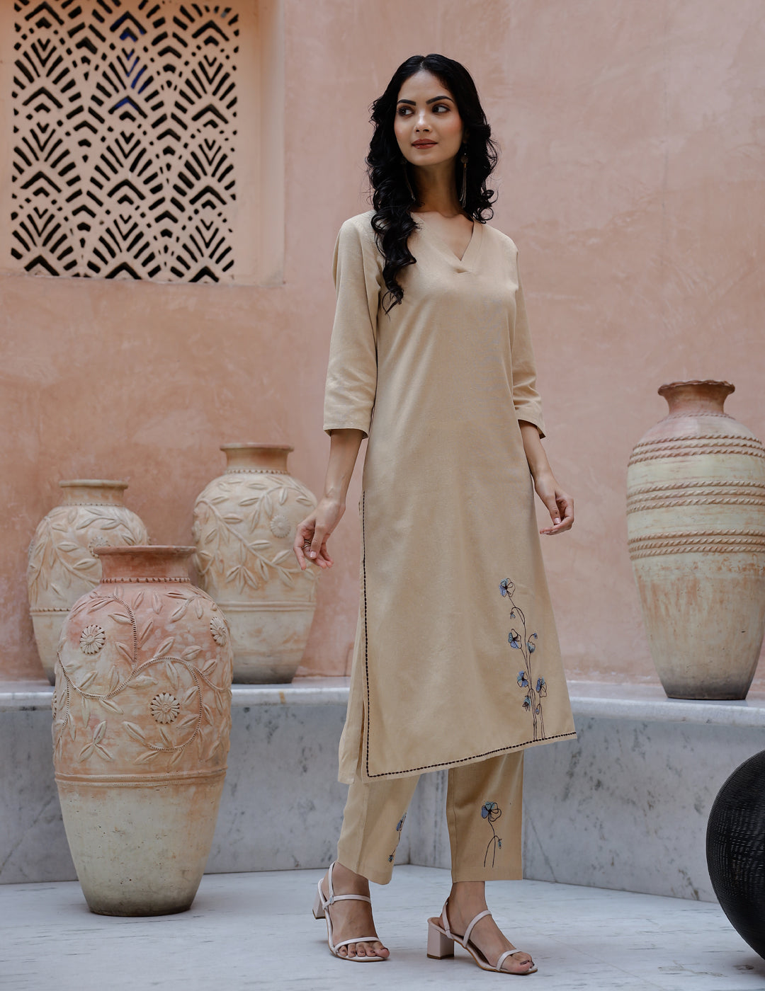 Beige Solid Print Cotton Kurta Set