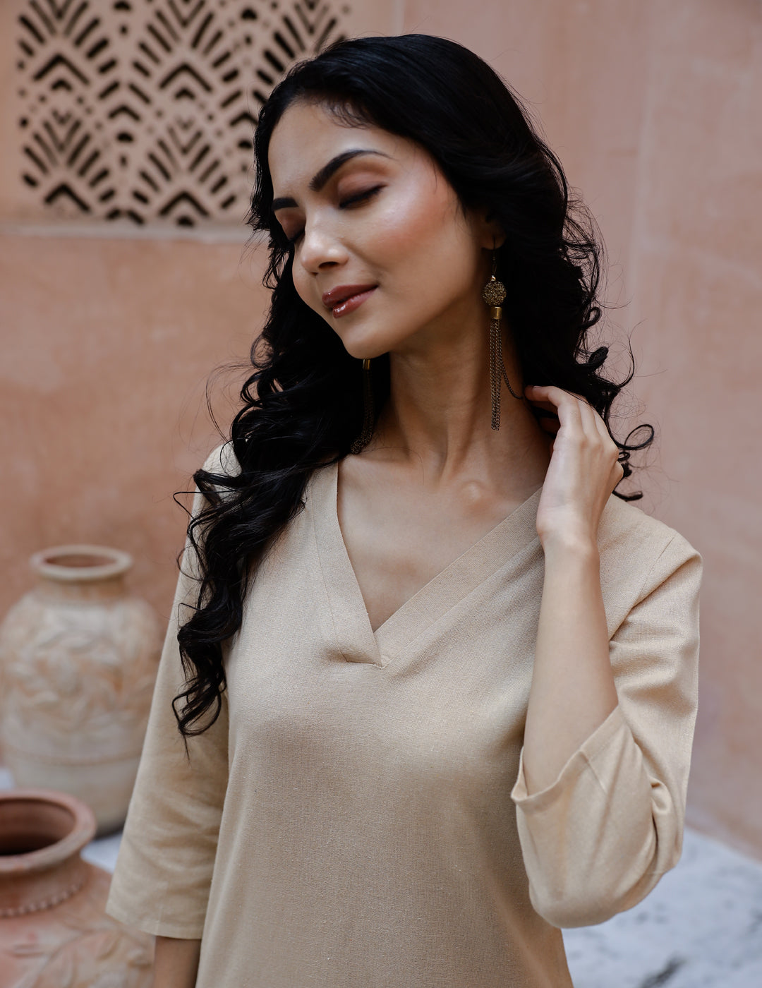 Beige Solid Print Cotton Kurta Set