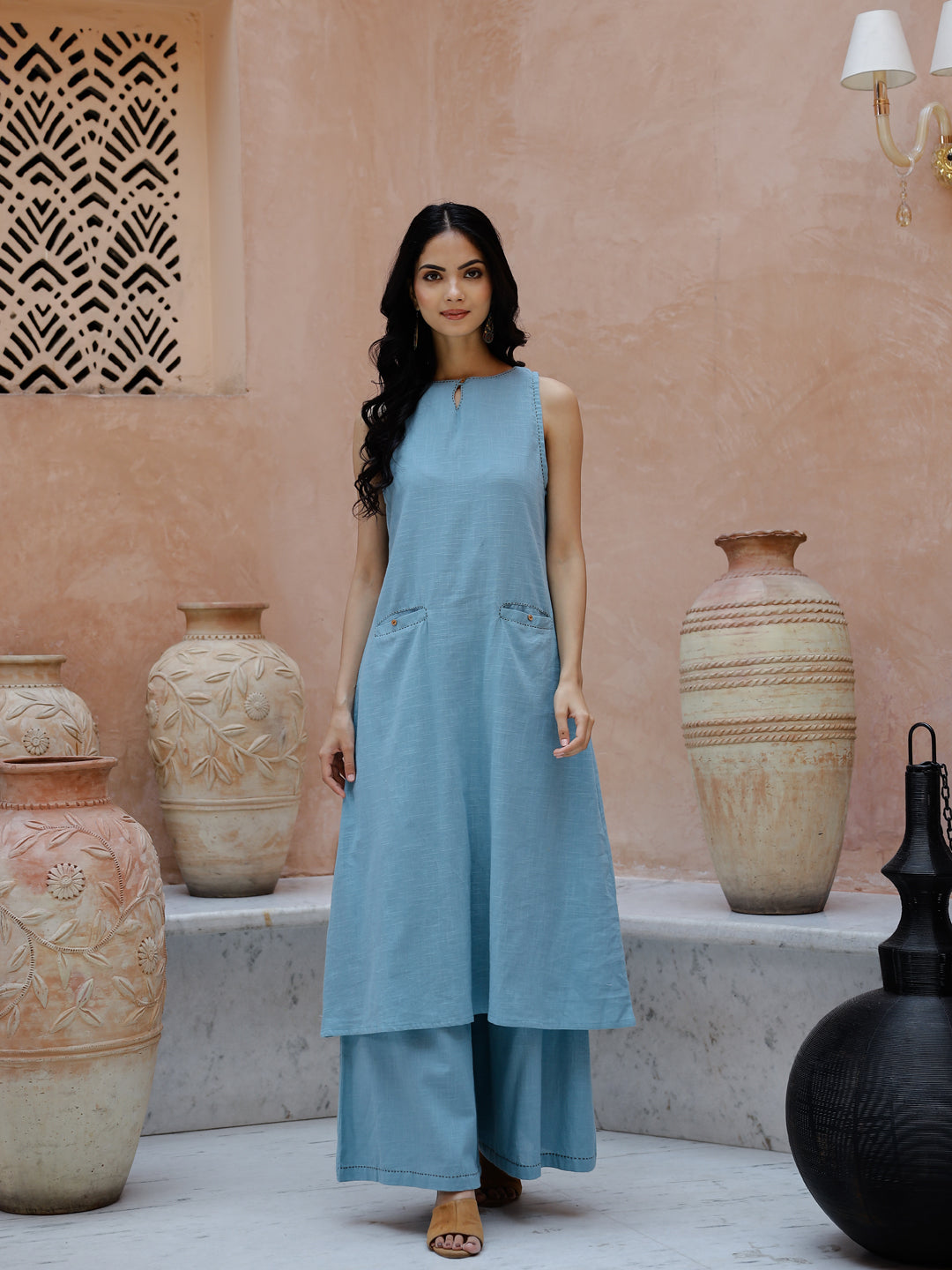 Blue Solid Print Cotton Kurta Set
