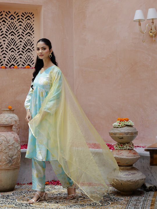 Blue Floral Printed Cotton Kurta Set