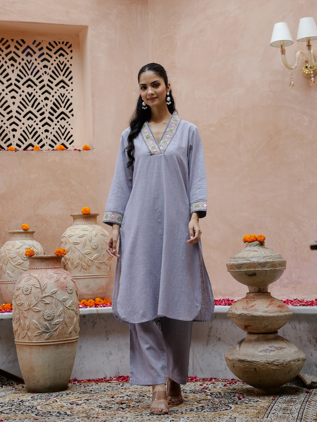 Solid Print Cotton Kurta Set for Women