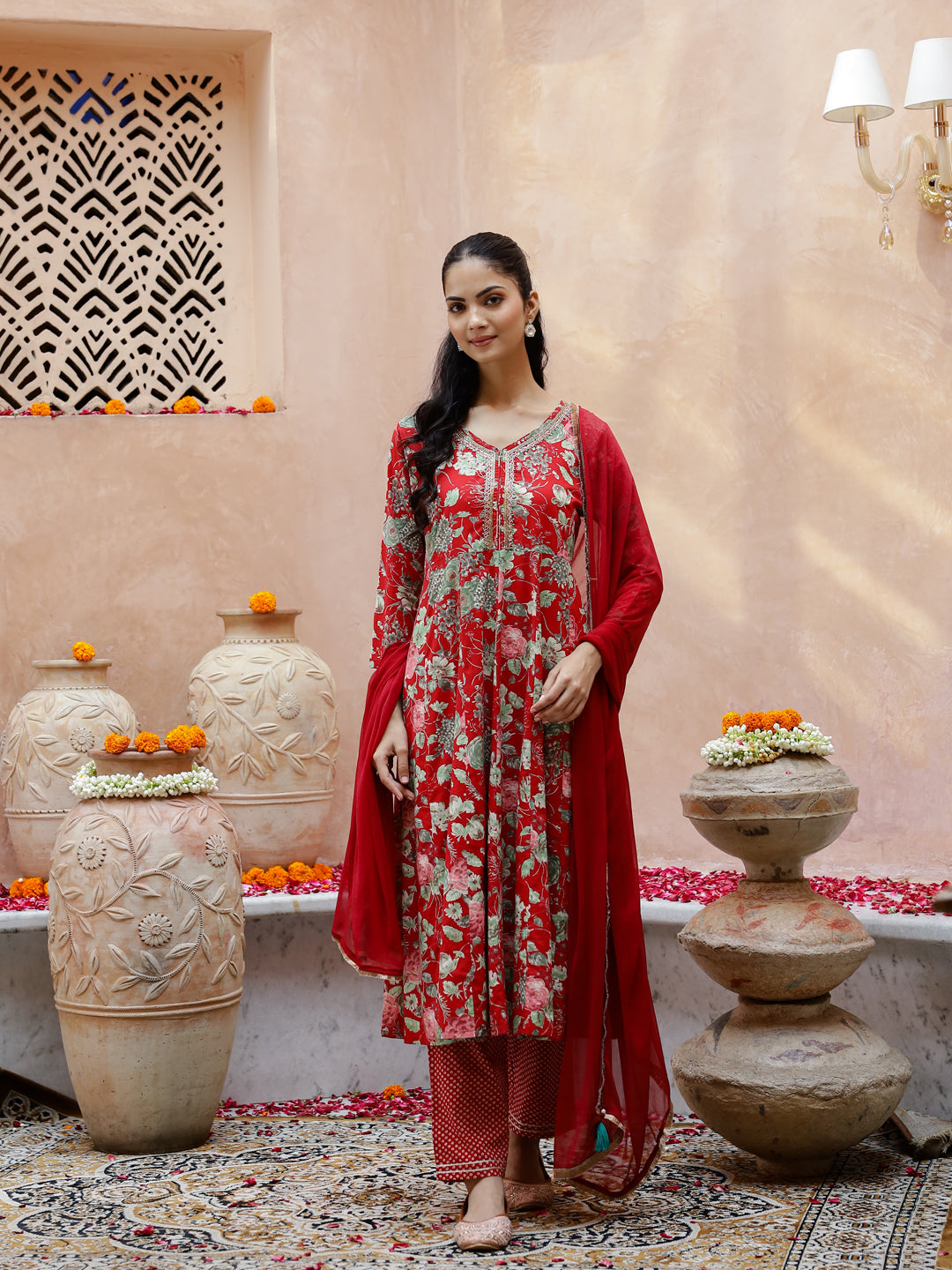Red Muslin Kurta Set for Women
