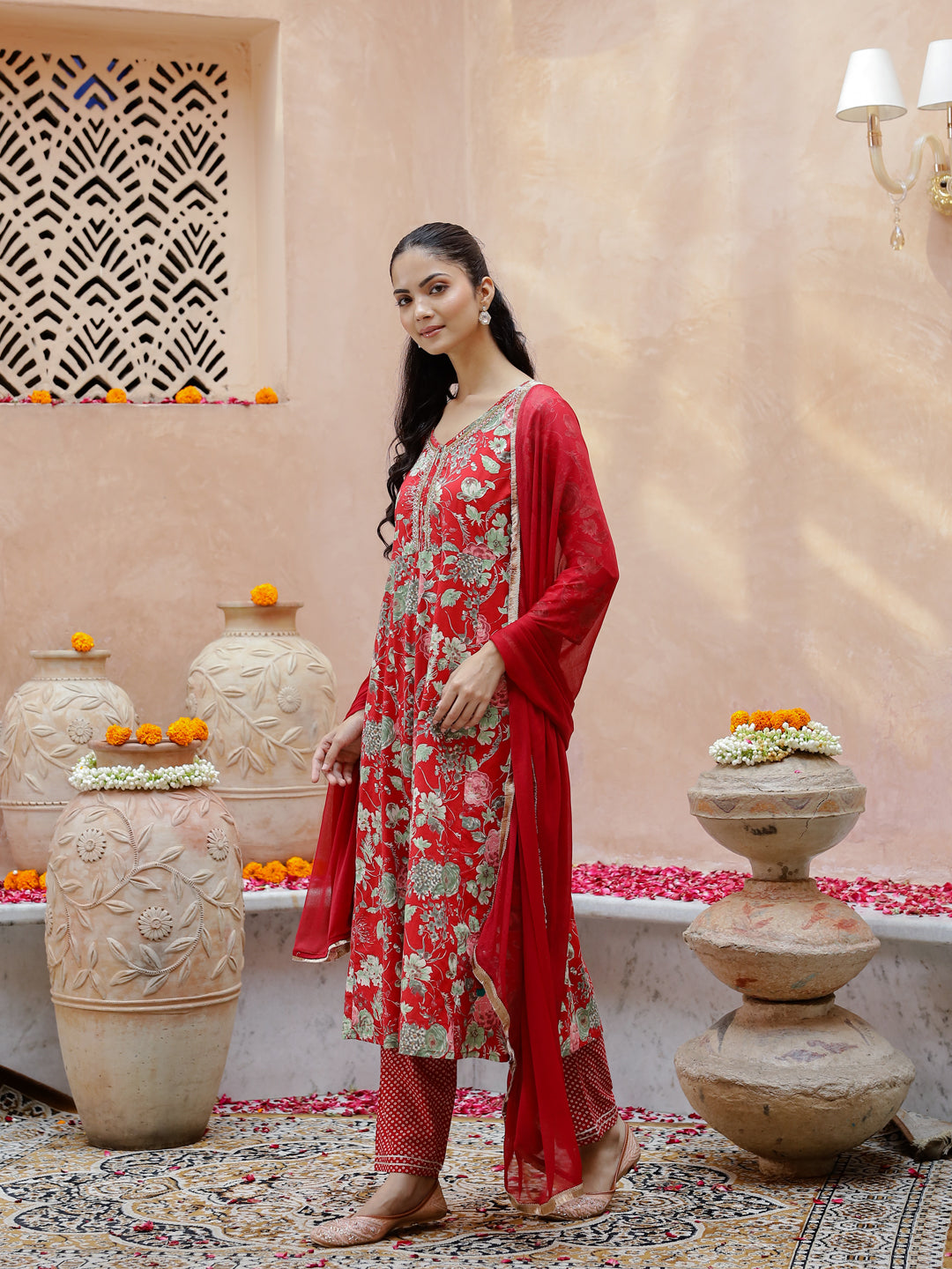 Red Muslin Kurta Set for Women