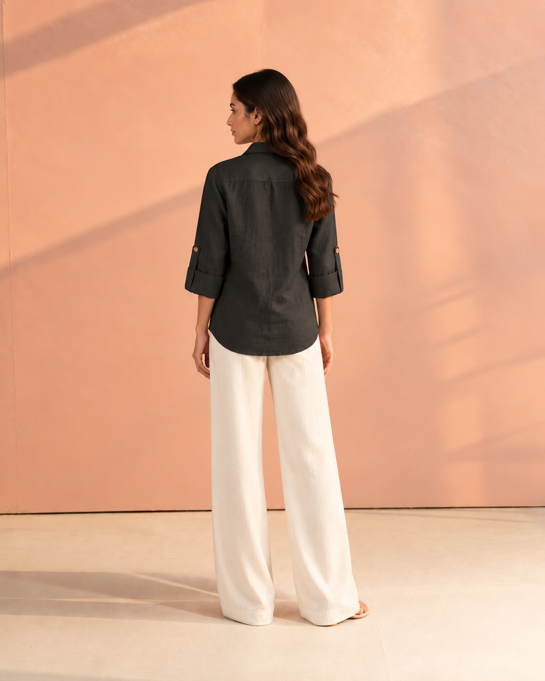 Black Solid Cuban Collar Roll-Up Sleeve Curved Hem Hunter Shirt For Women