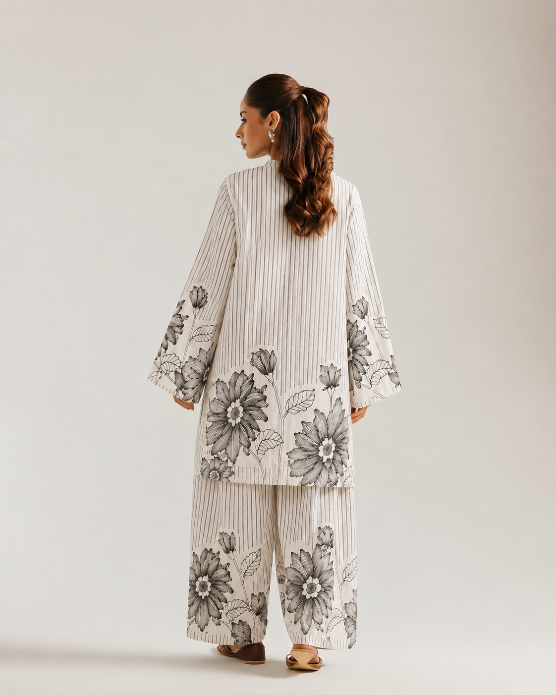 Black Botanical & Stripe Mandarin Collar Farsi Salwar Co-Ord Set For Women