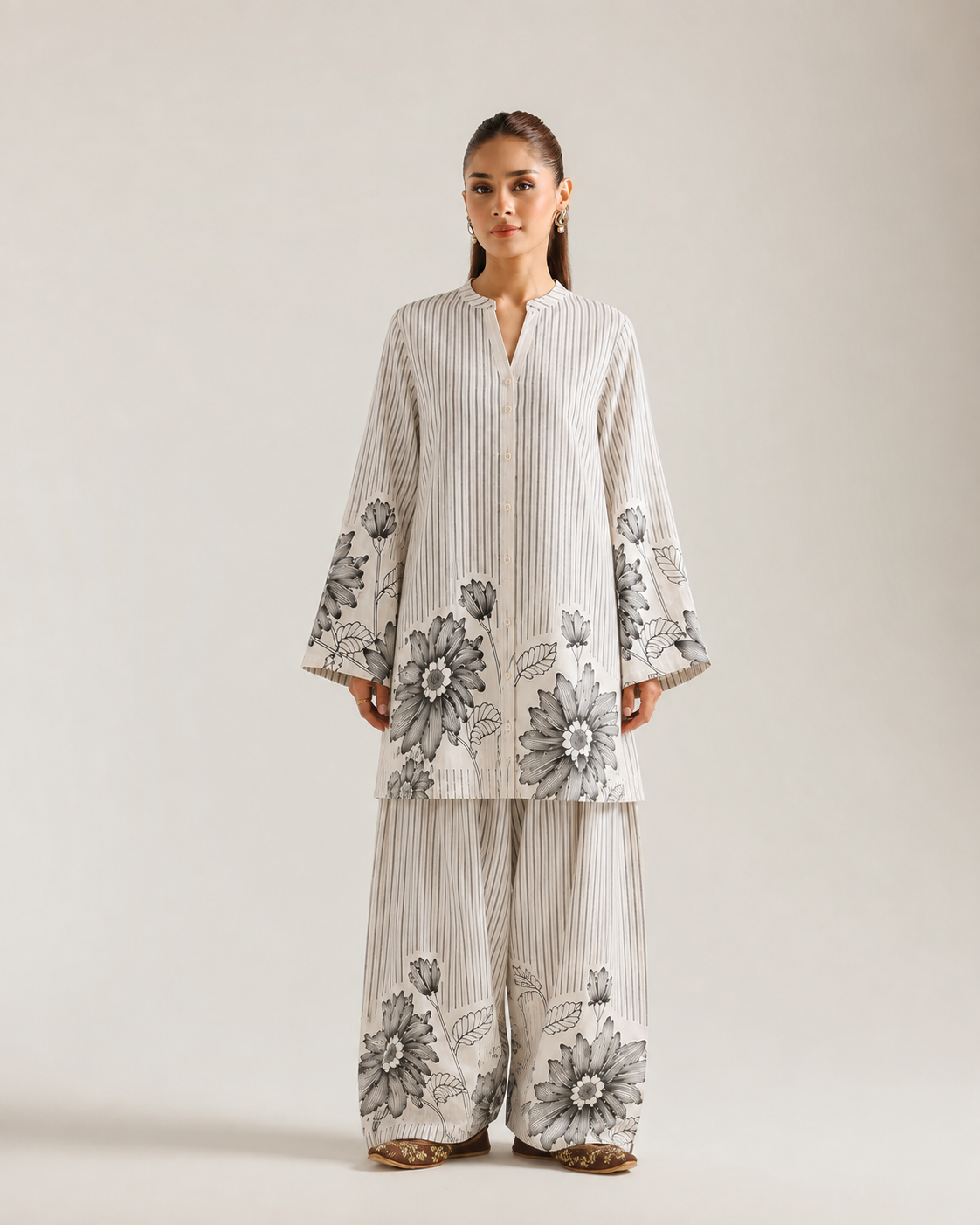 Black Botanical & Stripe Mandarin Collar Farsi Salwar Co-Ord Set For Women