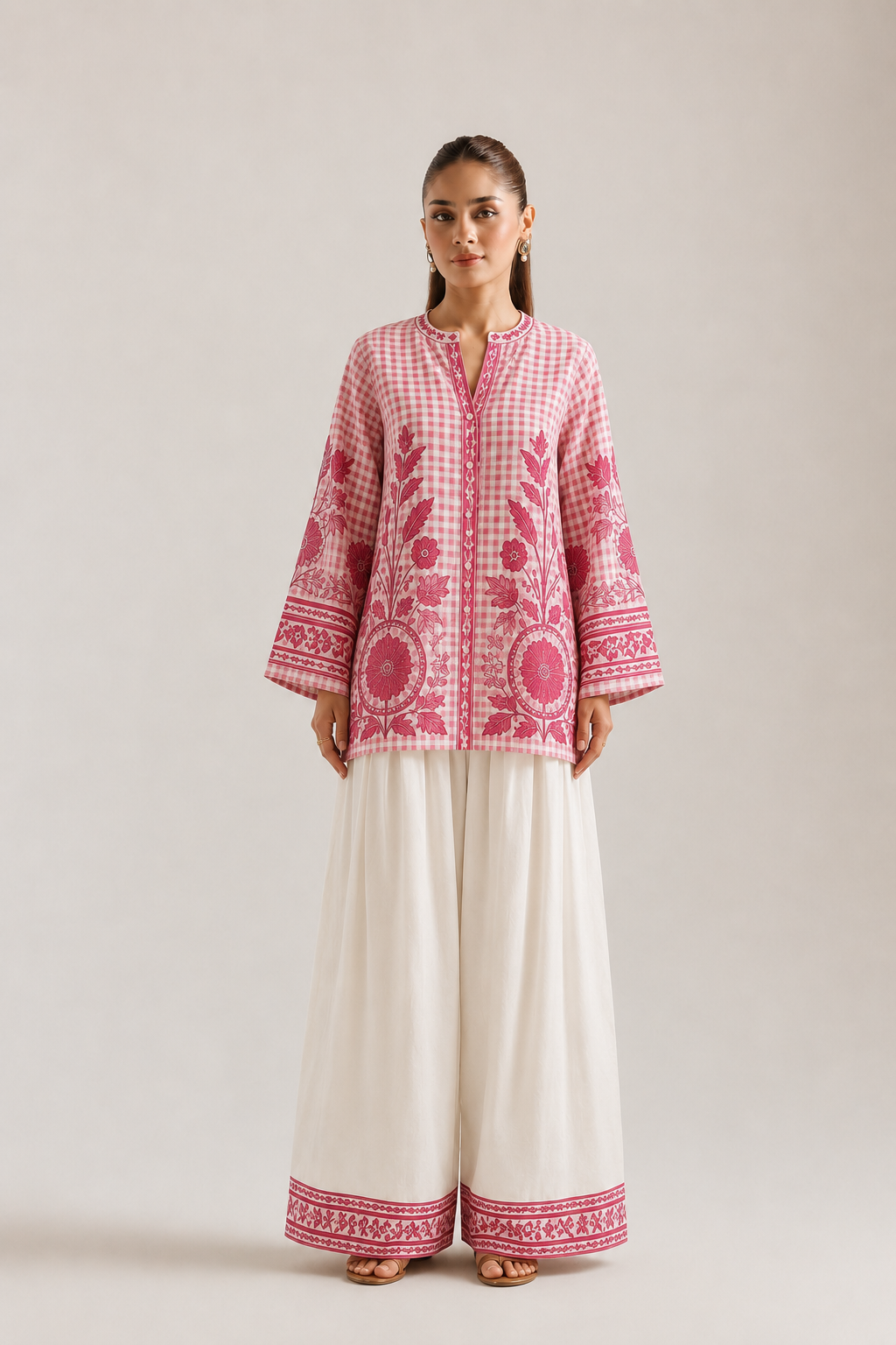 Pink Gingham Floral Print Mandarin Collar Farsi Salwar Co-Ord Set For Women