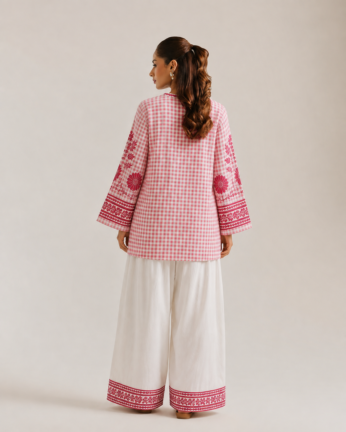 Pink Gingham Floral Print Mandarin Collar Farsi Salwar Co-Ord Set For Women