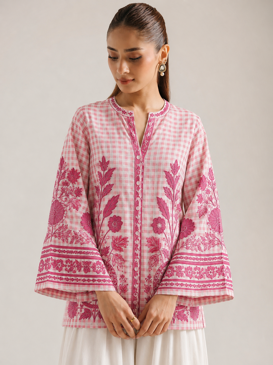 Pink Gingham Floral Print Mandarin Collar Farsi Salwar Co-Ord Set For Women
