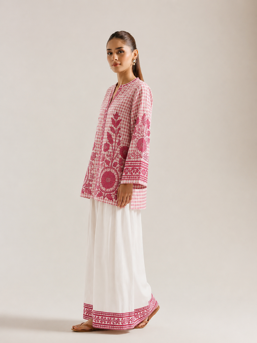 Pink Gingham Floral Print Mandarin Collar Farsi Salwar Co-Ord Set For Women