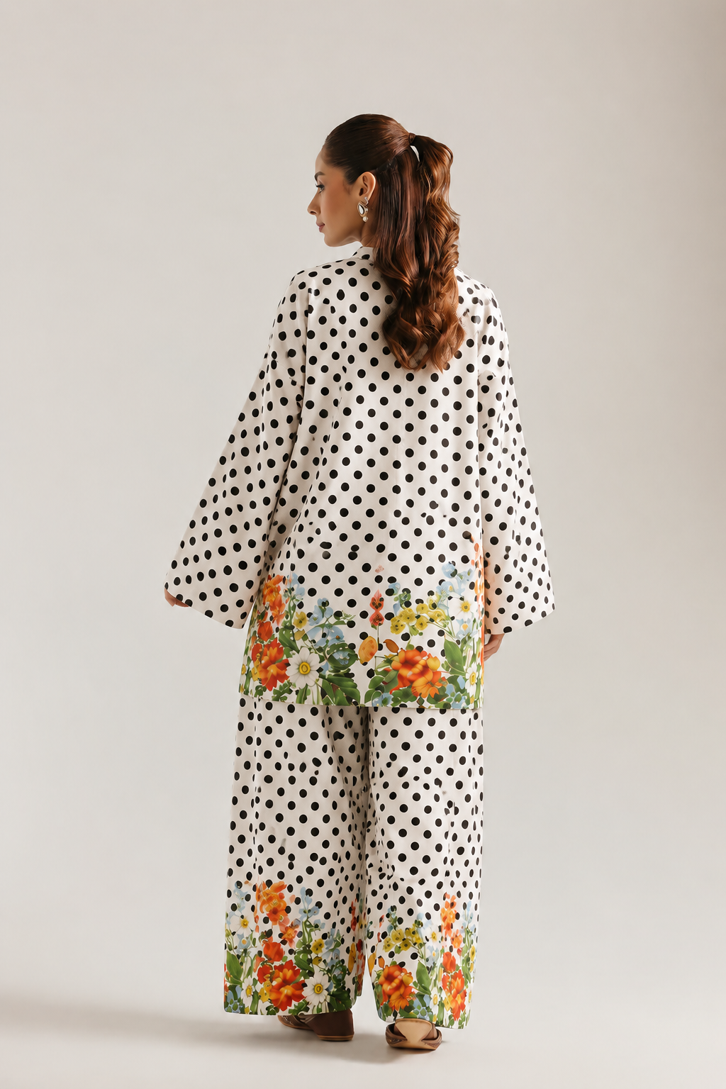 White Polka Dot Floral Print Mandarin Neck Farsi Salwar Co-Ord Set For Women
