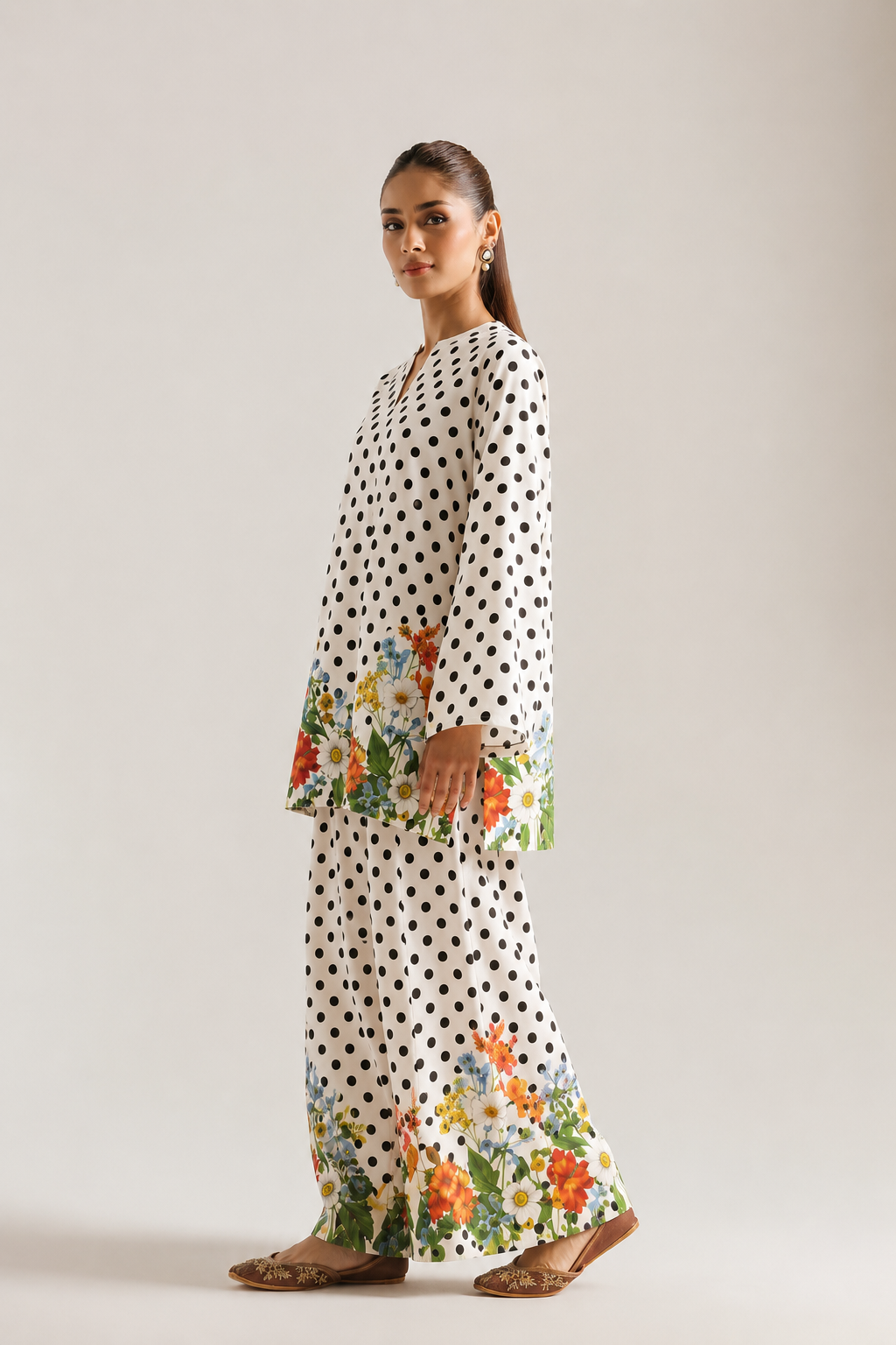 White Polka Dot Floral Print Mandarin Neck Farshi Salwar Co-Ord Set For Women