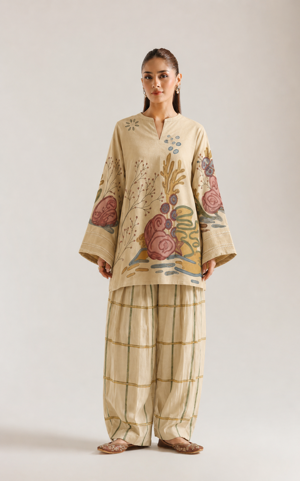 Cream Floral Print V-Neck Cotton Farsi Salwar Co-Ord Set For Women