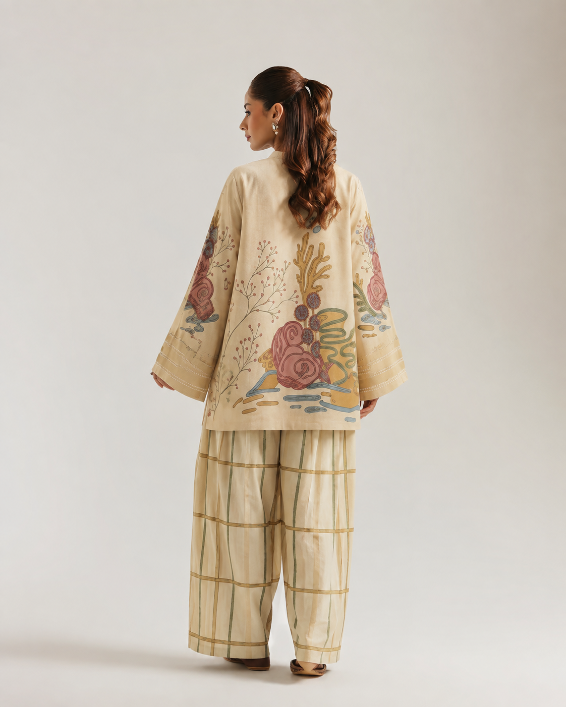 Cream Floral Print V-Neck Cotton Farsi Salwar Co-Ord Set For Women