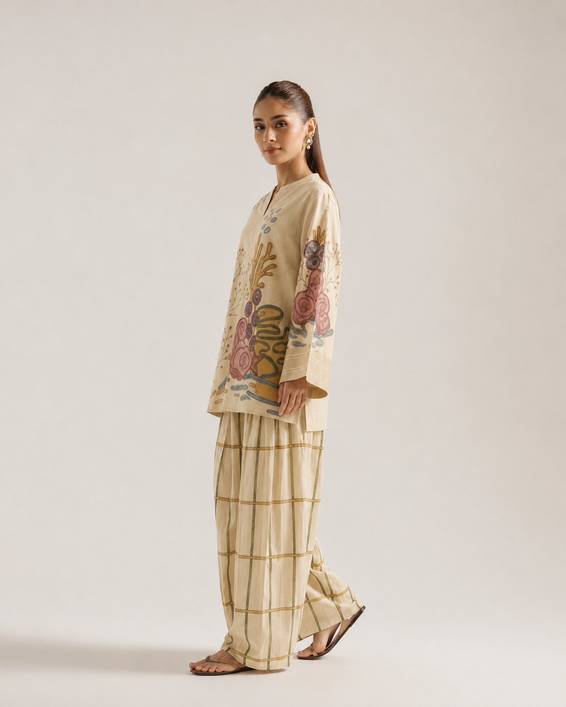 Cream Floral Print V-Neck Pure Cotton Farsi Salwar Co-Ord Set For Women