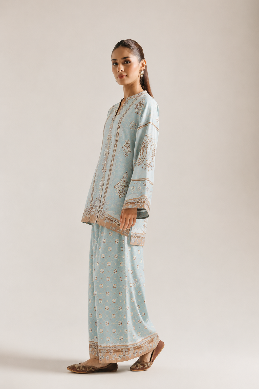 Blue Ethnic Paisley Print Mandarin Neck Pure Cotton Co-Ord Set For Women