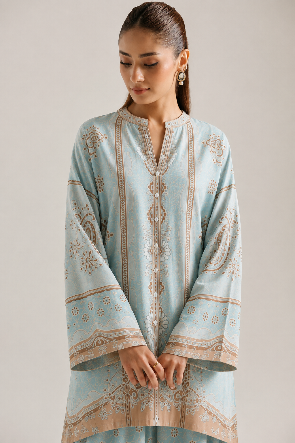 Blue Ethnic Paisley Print Mandarin Neck Pure Cotton Co-Ord Set For Women