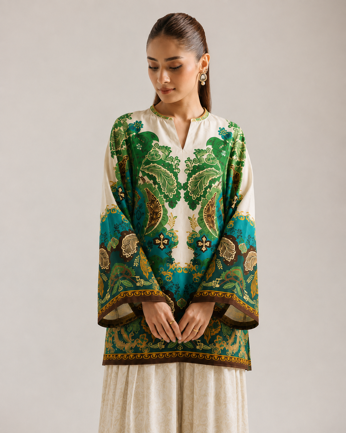 Off White Ethnic Paisley Print V-Neck Farsi Salwar Co-Ord Set For Women