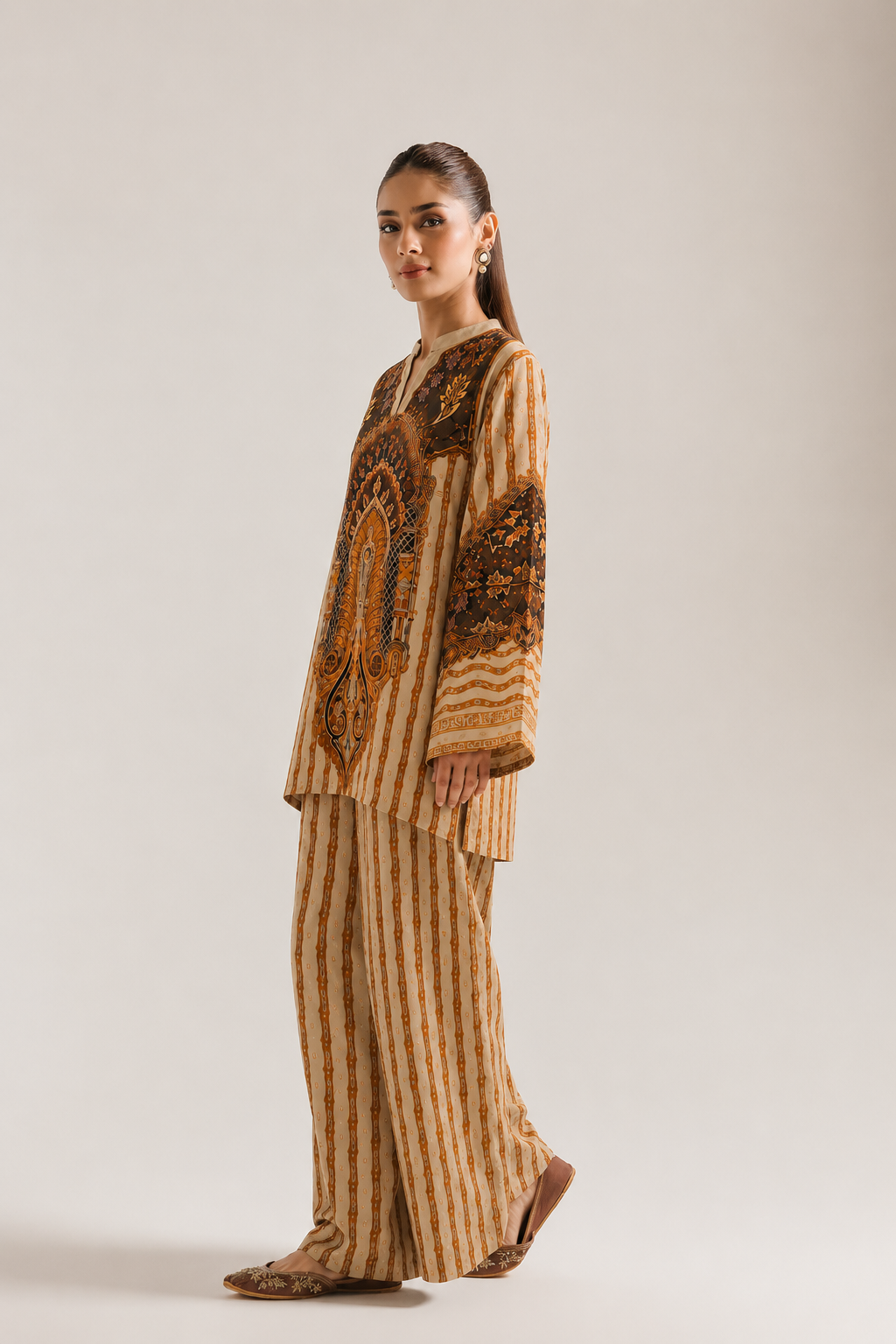 Beige Ethnic Paisley V-Neck Pure Cotton Farshi Salwar Co-Ord Set For Women