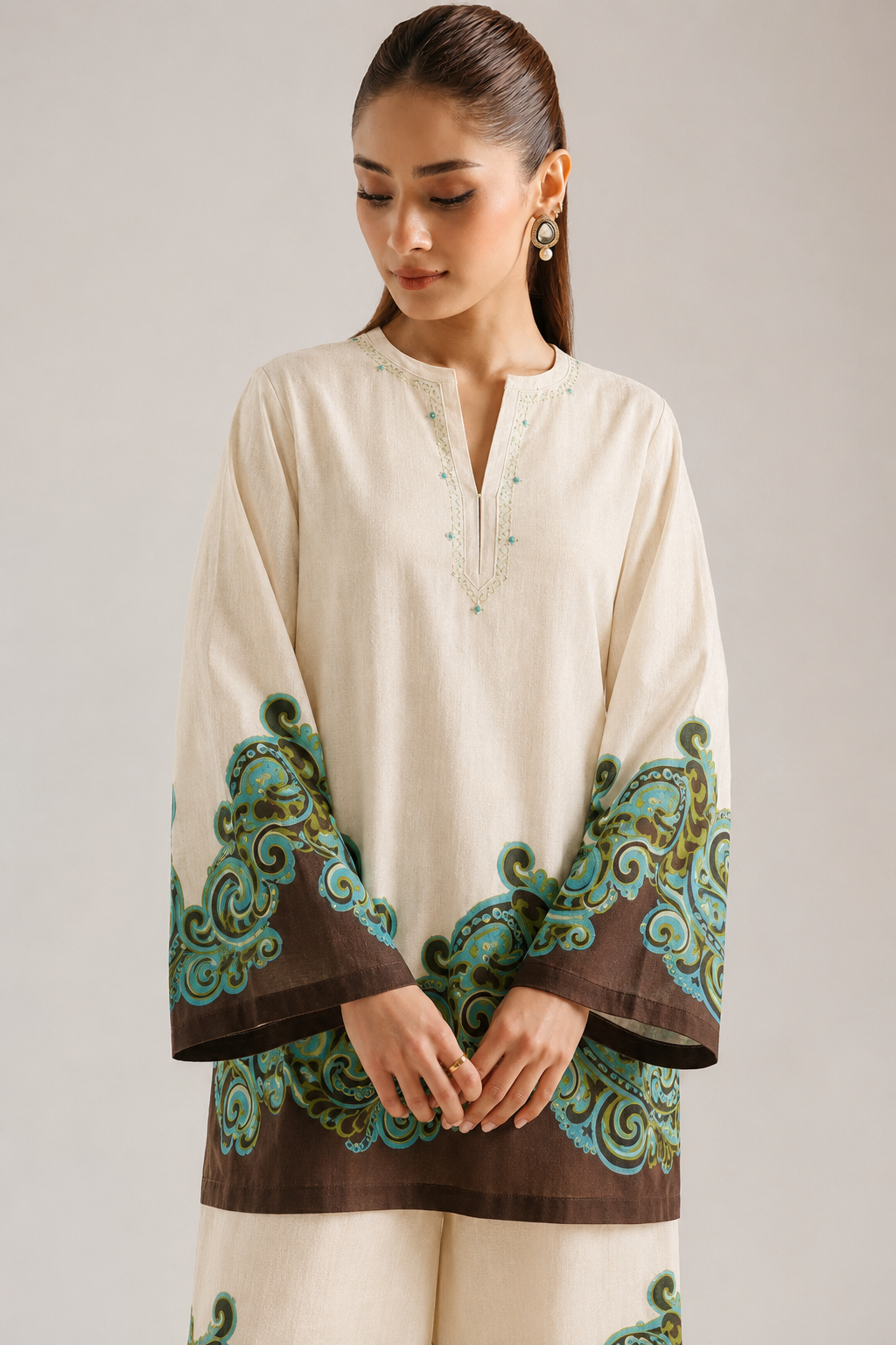 Ivory & Turquoise Paisley Border Print Pure Cotton Farsi Salwar Co-Ord Set For Women