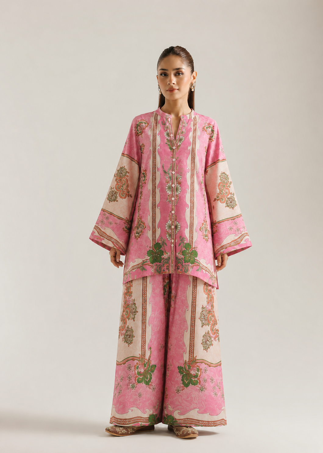 Pink & Ivory Floral Print Button-Down Pure Cotton Farsi Salwar Co-Ord Set For Women