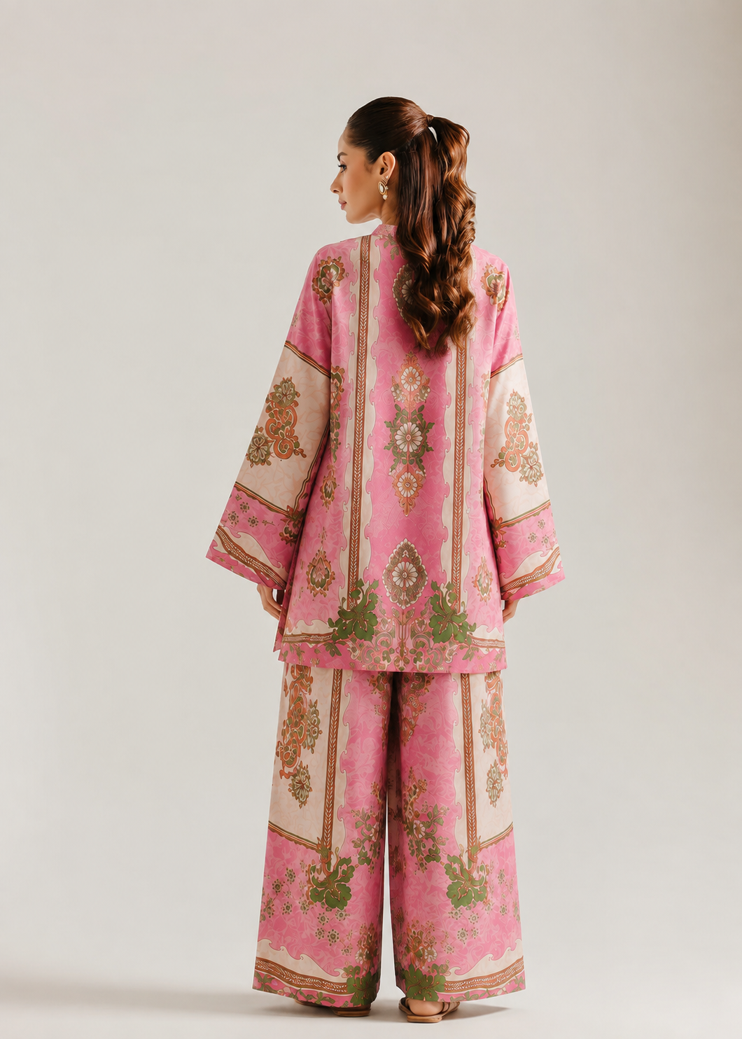 Pink & Ivory Floral Print Button-Down Pure Cotton Farshi Salwar Co-Ord Set For Women