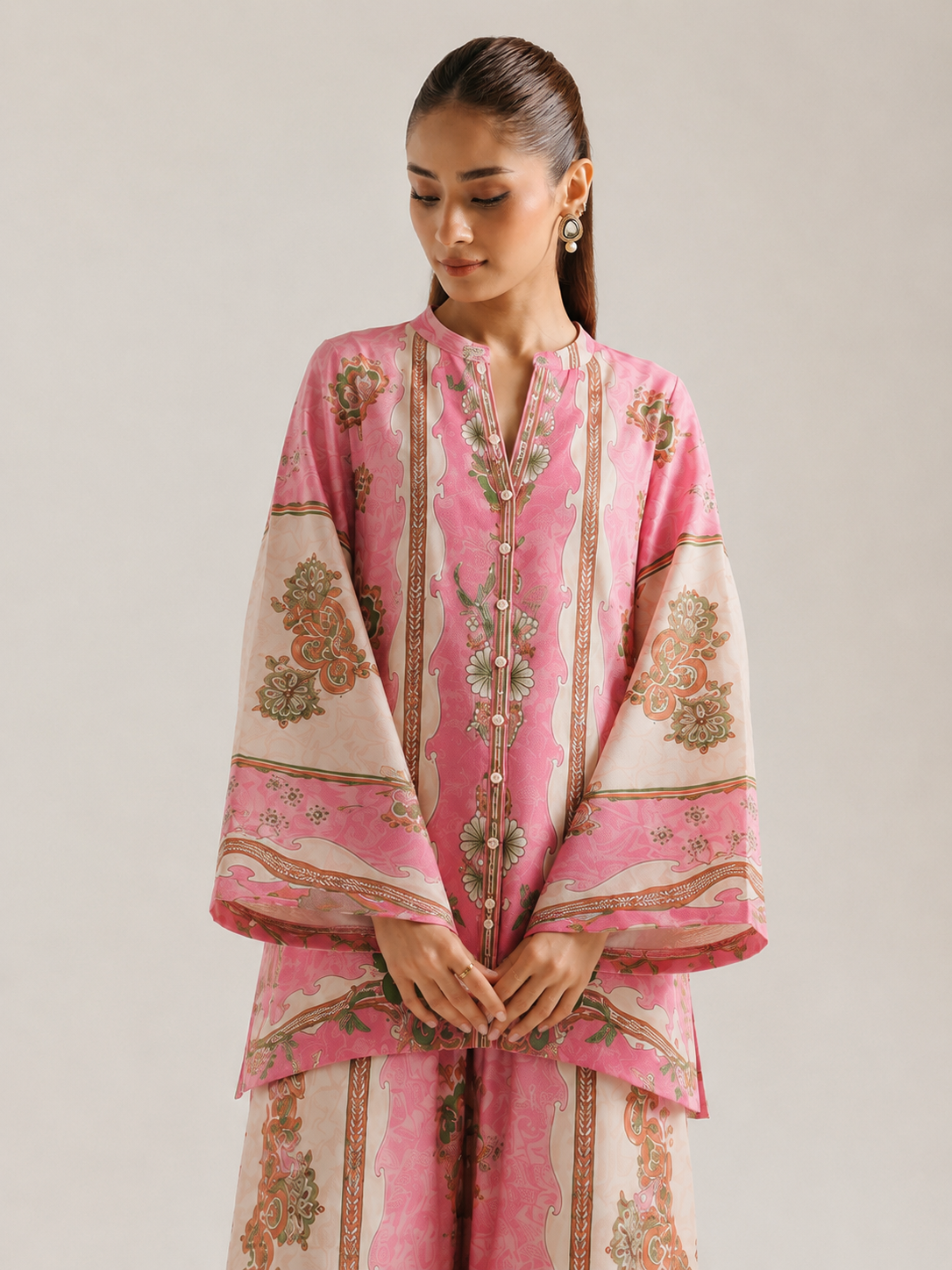Pink & Ivory Floral Print Button-Down Pure Cotton Farsi Salwar Co-Ord Set For Women