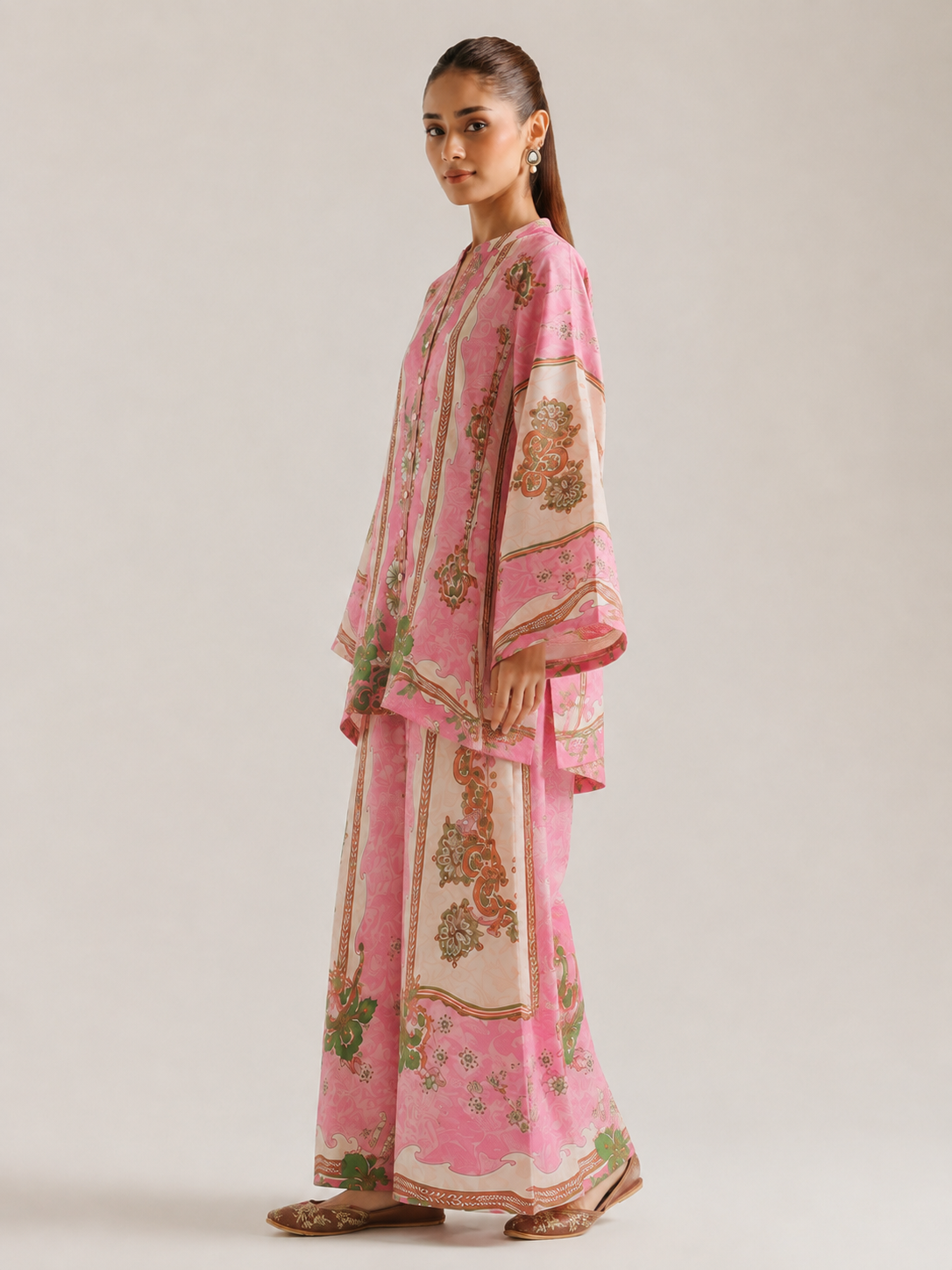 Pink & Ivory Floral Print Button-Down Pure Cotton Farshi Salwar Co-Ord Set For Women