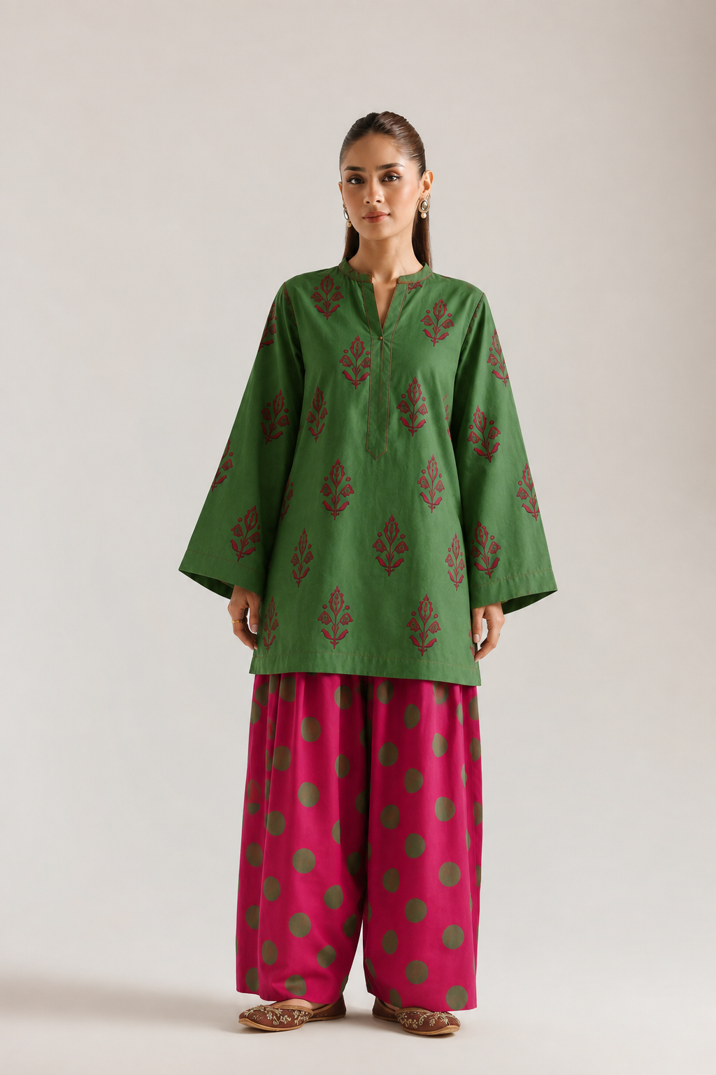 Green & Magenta Floral Print Pure Cotton Farsi Salwar Co-Ord Set For Women