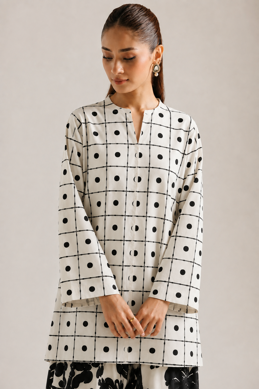 White Geometric Checked Mandarin Neck Farshi Salwar Co-Ord Set For Women