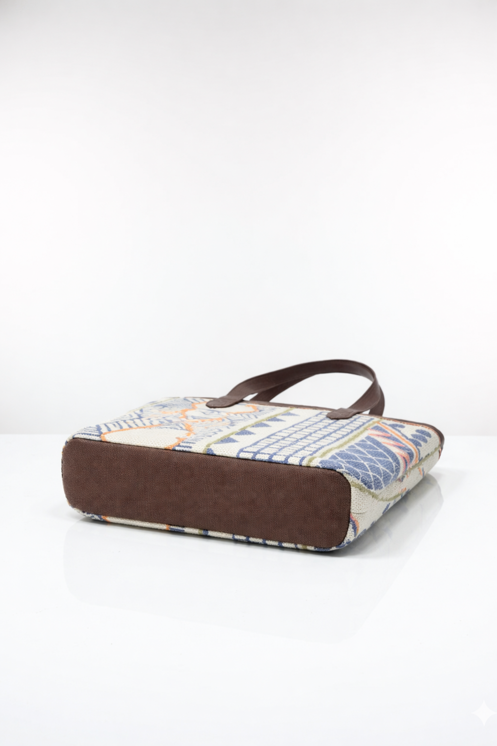 White Geometric Print Cotton Tote Bag with Brown Shoulder Straps for Women