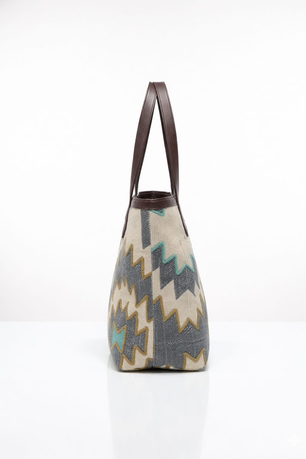 Multi color Geometric Print with Brown Handle Tote Bag for Women