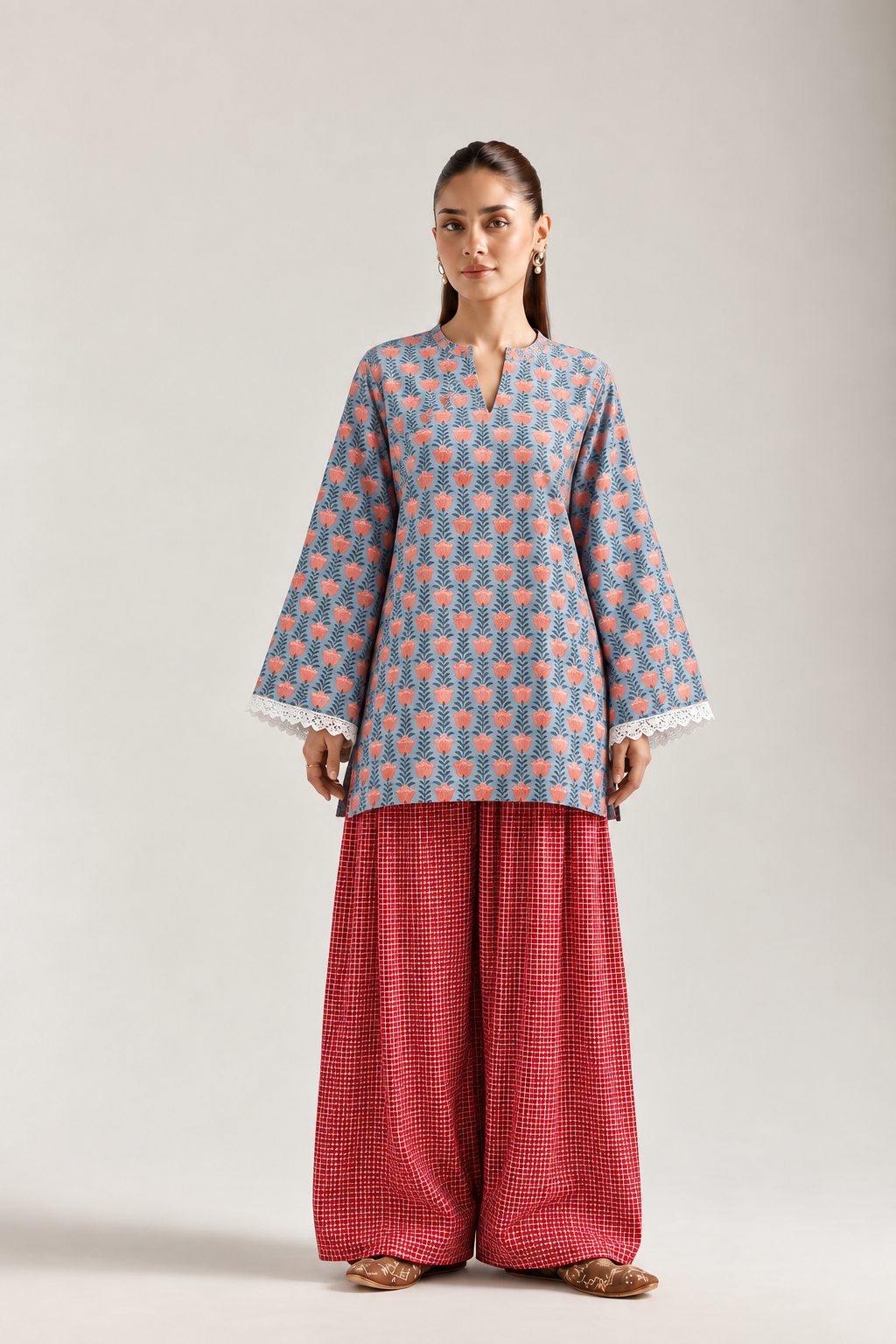 Blue Bloom Red Grid Farshi Salwar Co-ord Set for Women