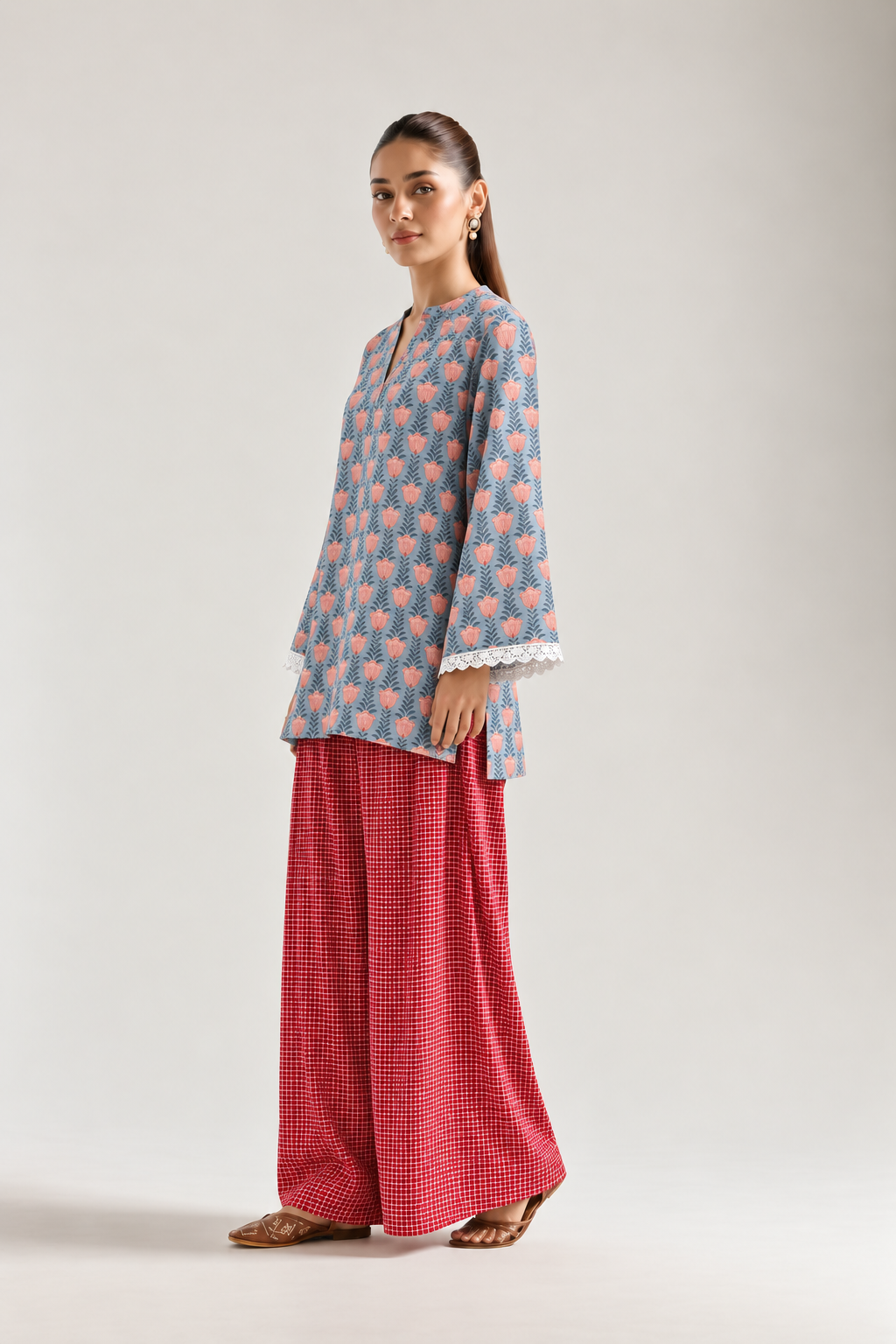 Blue Bloom Red Grid Farshi Salwar Co-ord Set for Women