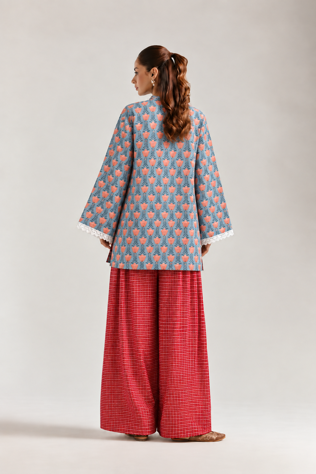 Blue Bloom Red Grid Farshi Salwar Co-ord Set for Women