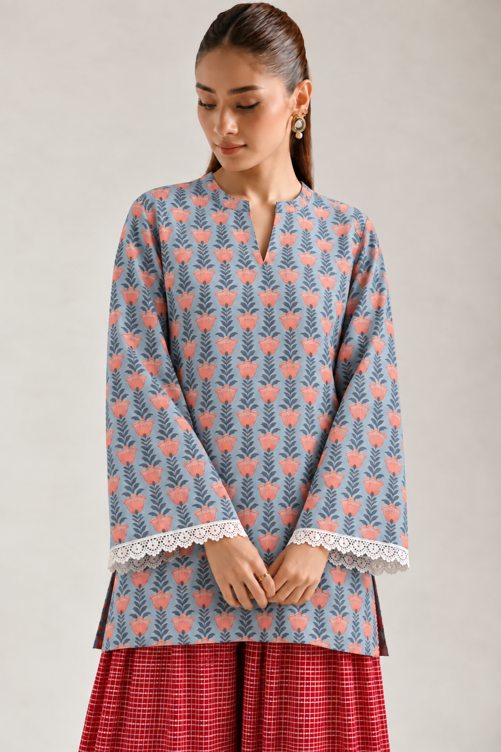 Blue Bloom Red Grid Farshi Salwar Co-ord Set for Women