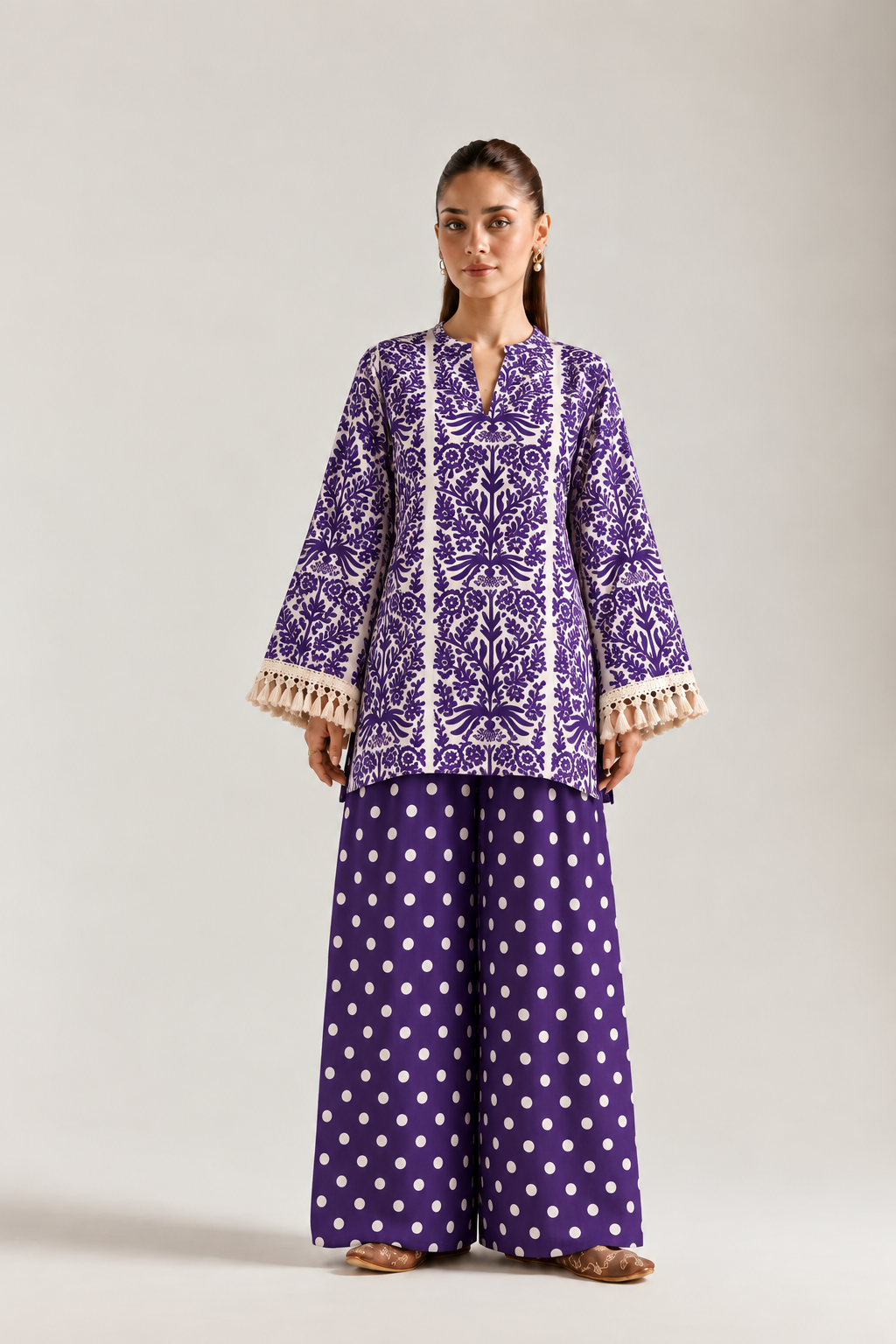 Purple Polka Botanical V-Neck Farsi Salwar Co-ord Set for Women