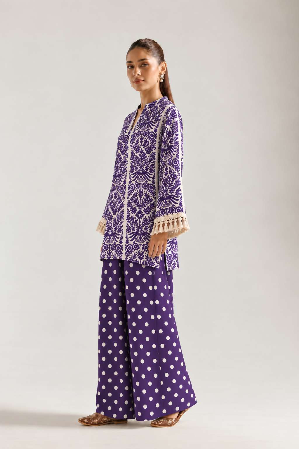 Purple Polka Botanical V-Neck Farsi Salwar Co-ord Set for Women