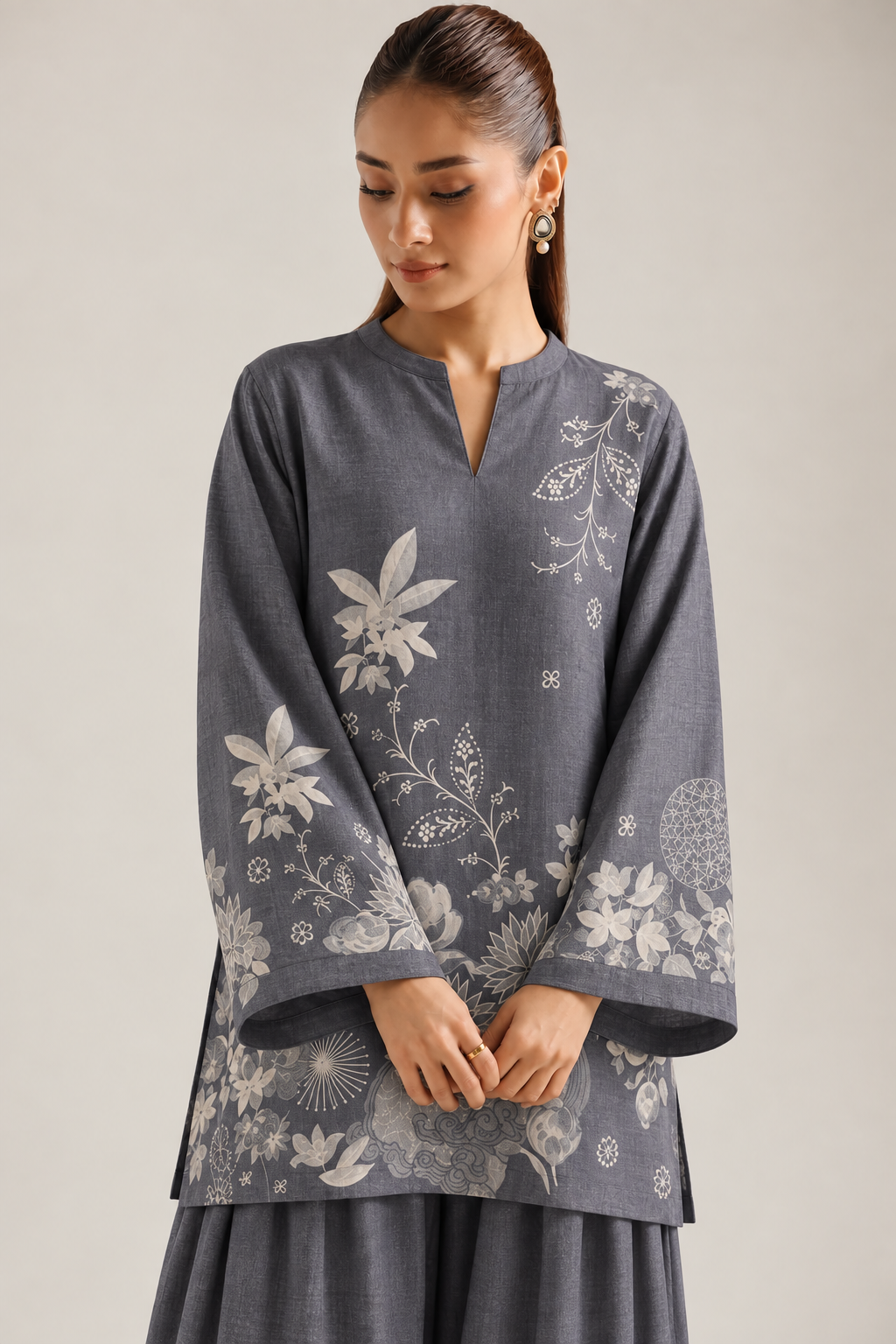 Charcoal Ivory Botanical Farsi Salwar Co-ord Set for Women
