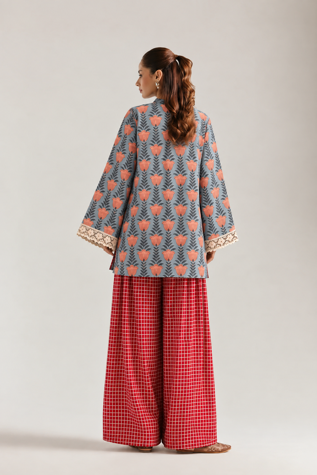 Coral Bloom Red Grid Farsi Salwar Co-ord Set for Women
