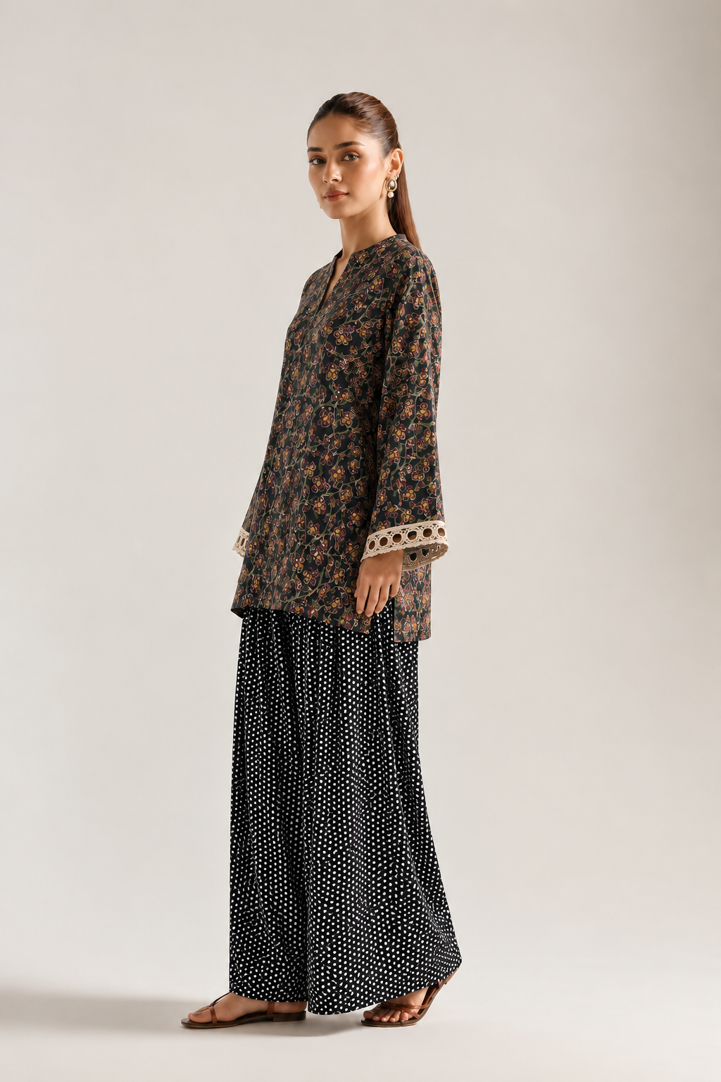 Midnight Floral Polka Farsi Salwar Co-ord Set for Women