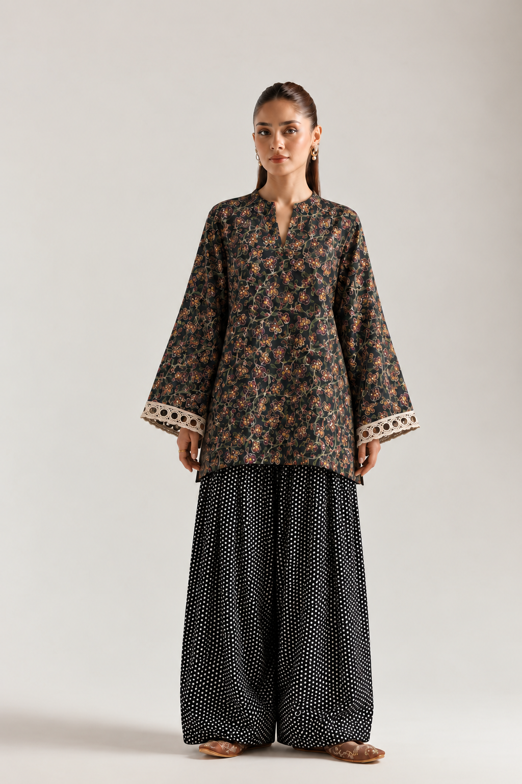 Midnight Floral Polka Farsi Salwar Co-ord Set for Women